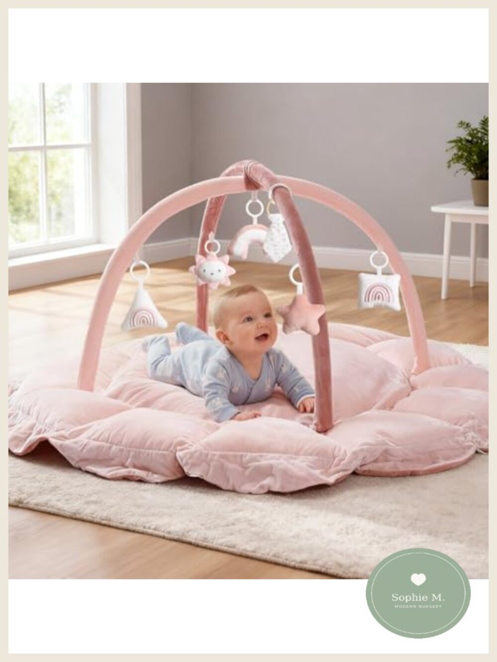 5-in-1 Thick Plush Baby Play Gym Mat with 6 Sensory Toys Tummy Time